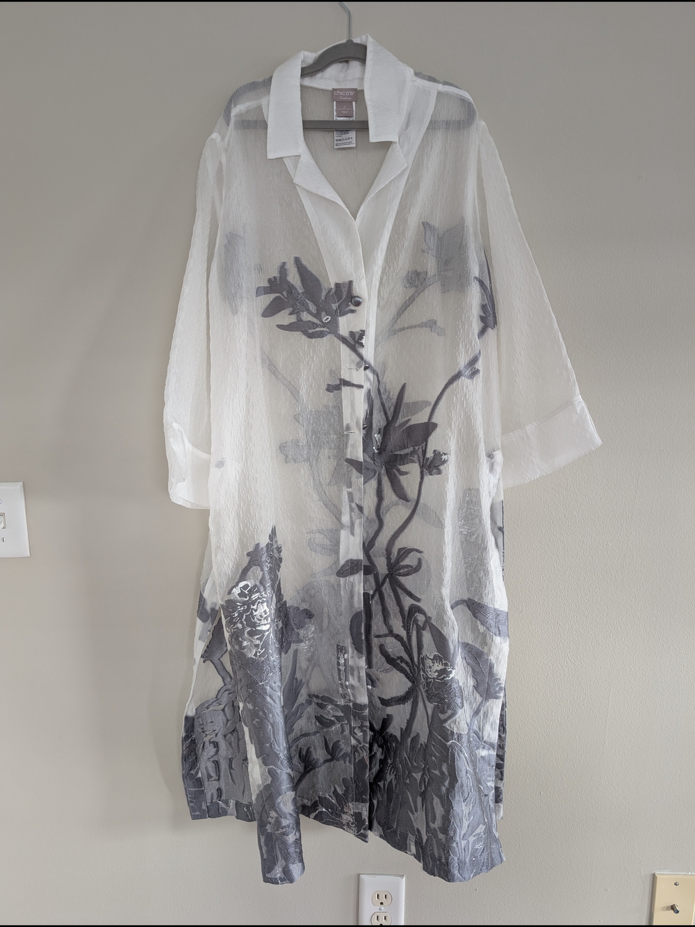 Chico's Sheer White Maxi Shirt Dress with Gray Floral Print